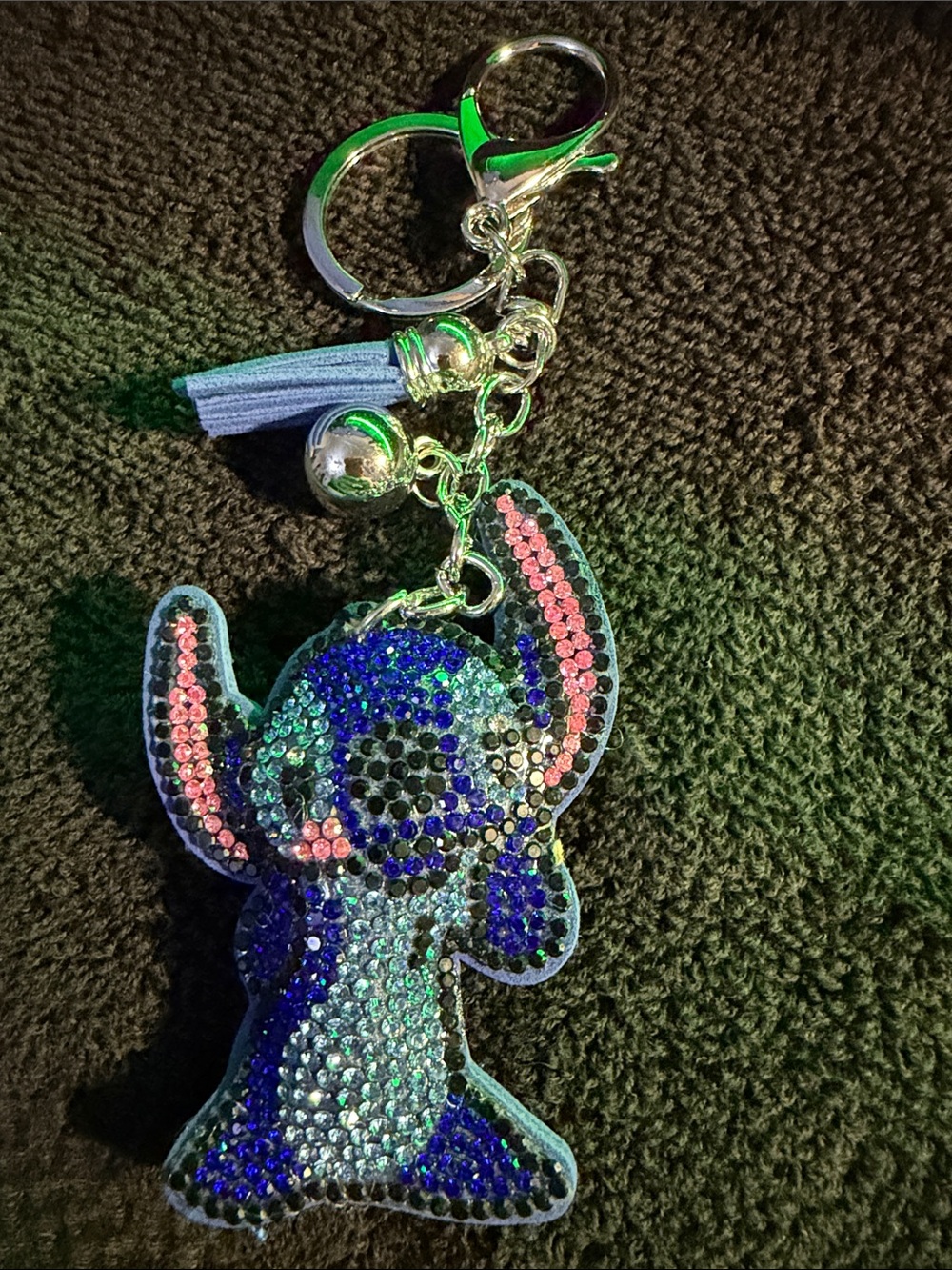 Crystal Embellished Blue Stitch Keychain with Tassel